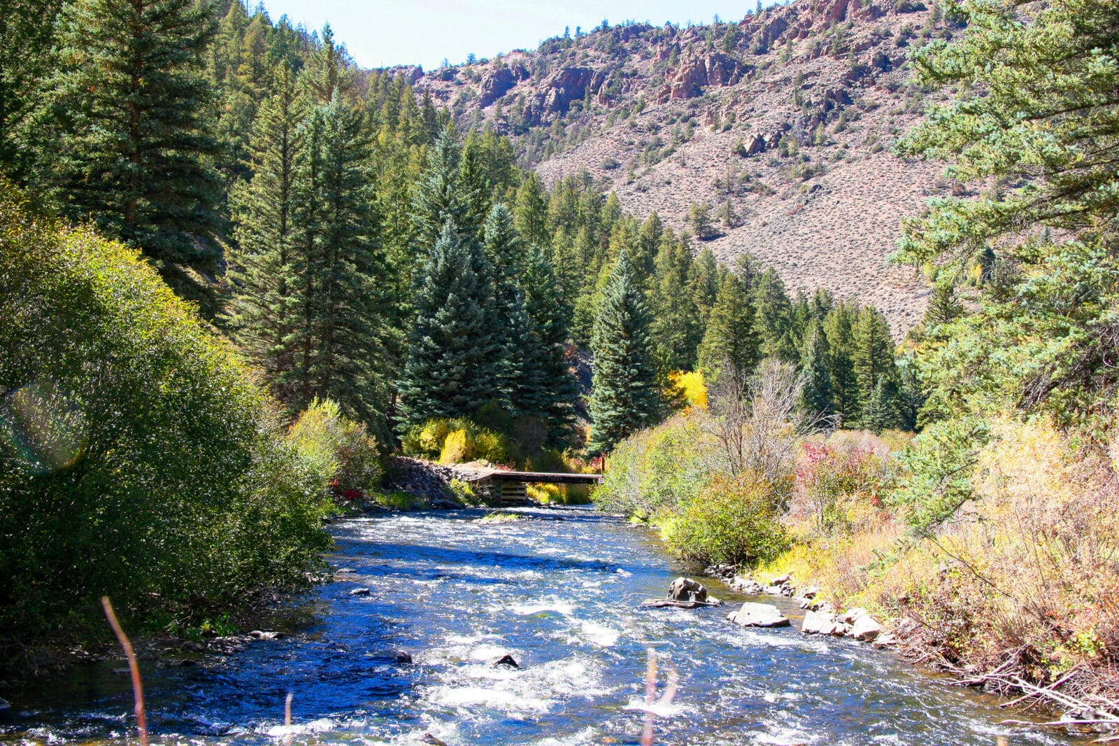 Shared Ranch, featuring Verdant Evergreens, framing Cebolla Creek, with a bridge crossing in the distance, surrounded by gorgeous mountain terrain