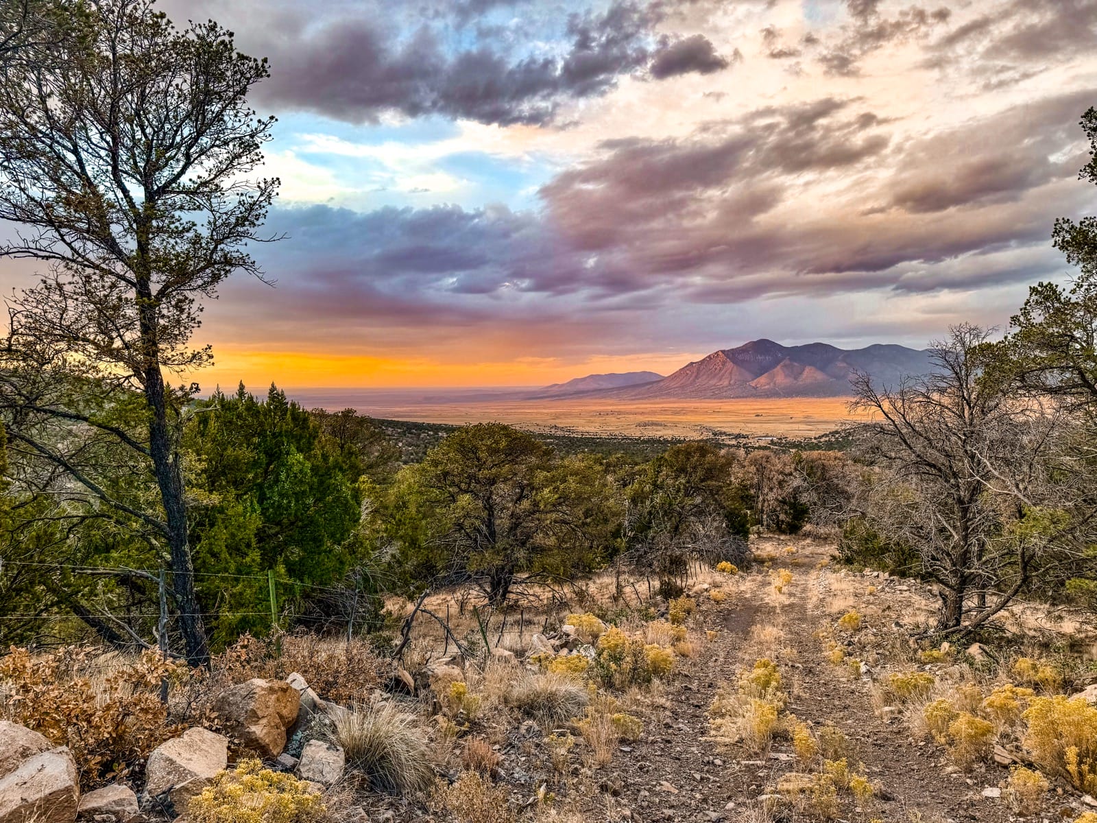 Picturesque view of Rancho Vista Del Valle at Sunset, with hillside foliage and road access leading to vibrant orange-violet clouds over mountain peaks